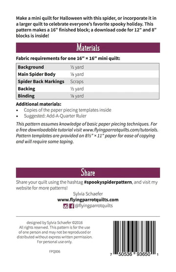 Back of the Spooky Spider Quilt Pattern by Flying Parrot Quilts