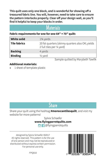 Back of the Maroccan Tiles Quilt Pattern by Flying Parrot Quilts