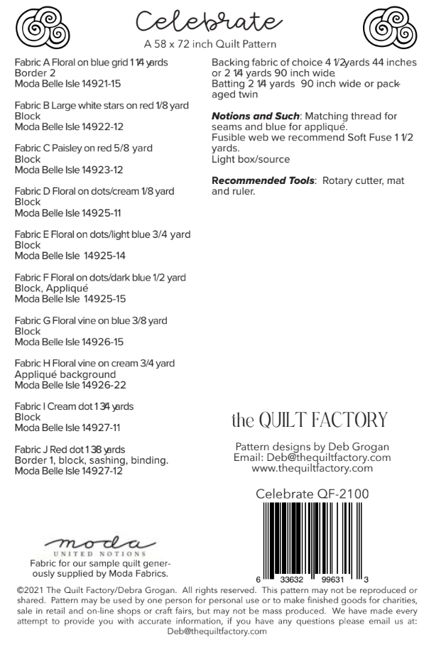 Back fo the Celebrate Quilt Pattern by The Quilt Factory