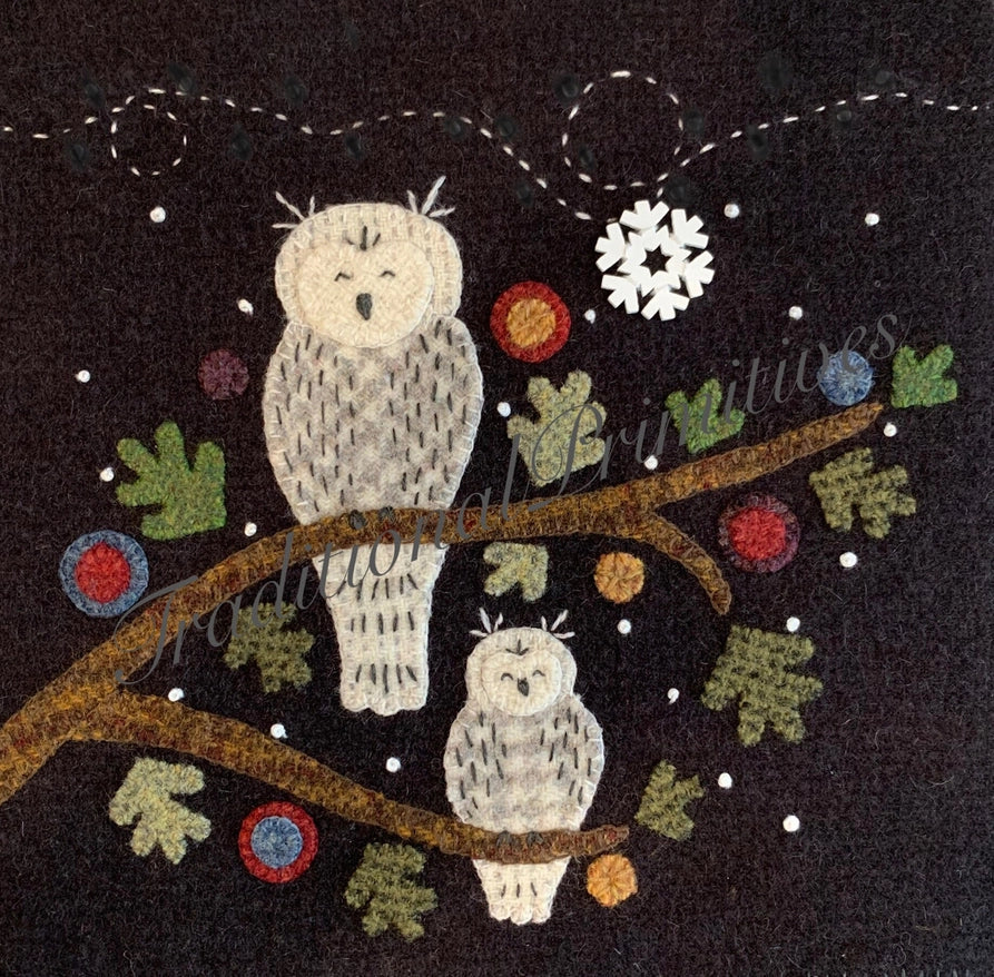 Sweet Snowy Owls Wool Applique Pattern by Traditional Primitives