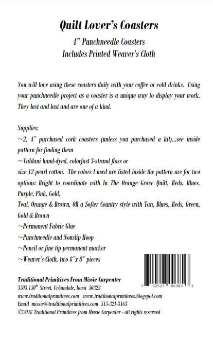 Back of the Quilt Lovers Coaster Punchneedle Pattern by Traditional Primitives