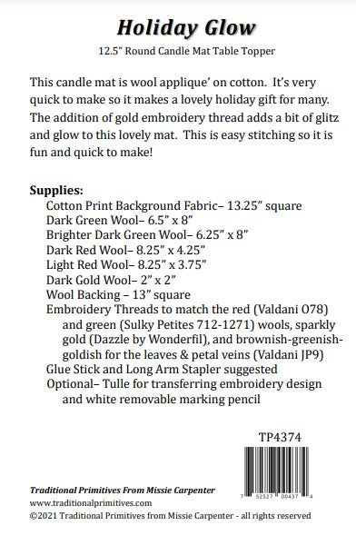 Back of the Holiday Glow Candle Mat Wool Applique Pattern by Traditional Primitives