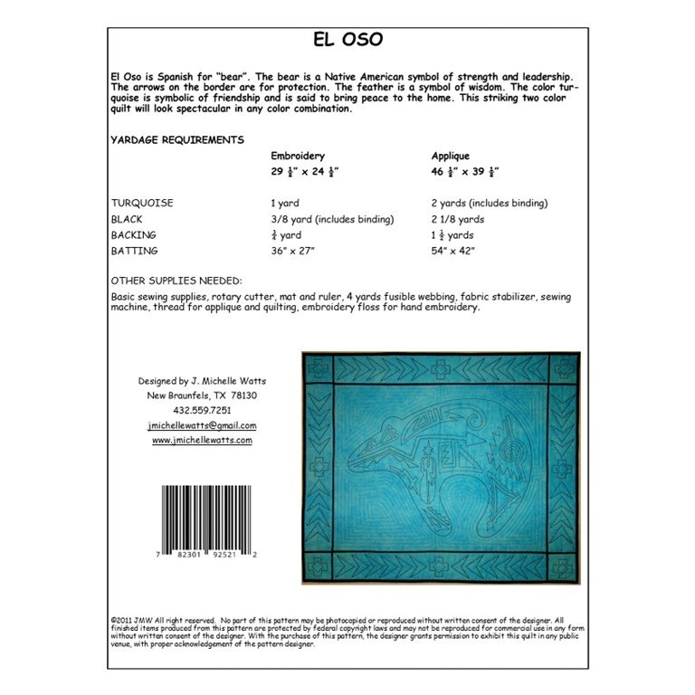 Back of the El Oso Quilt Pattern by J Michelle Watts Designs