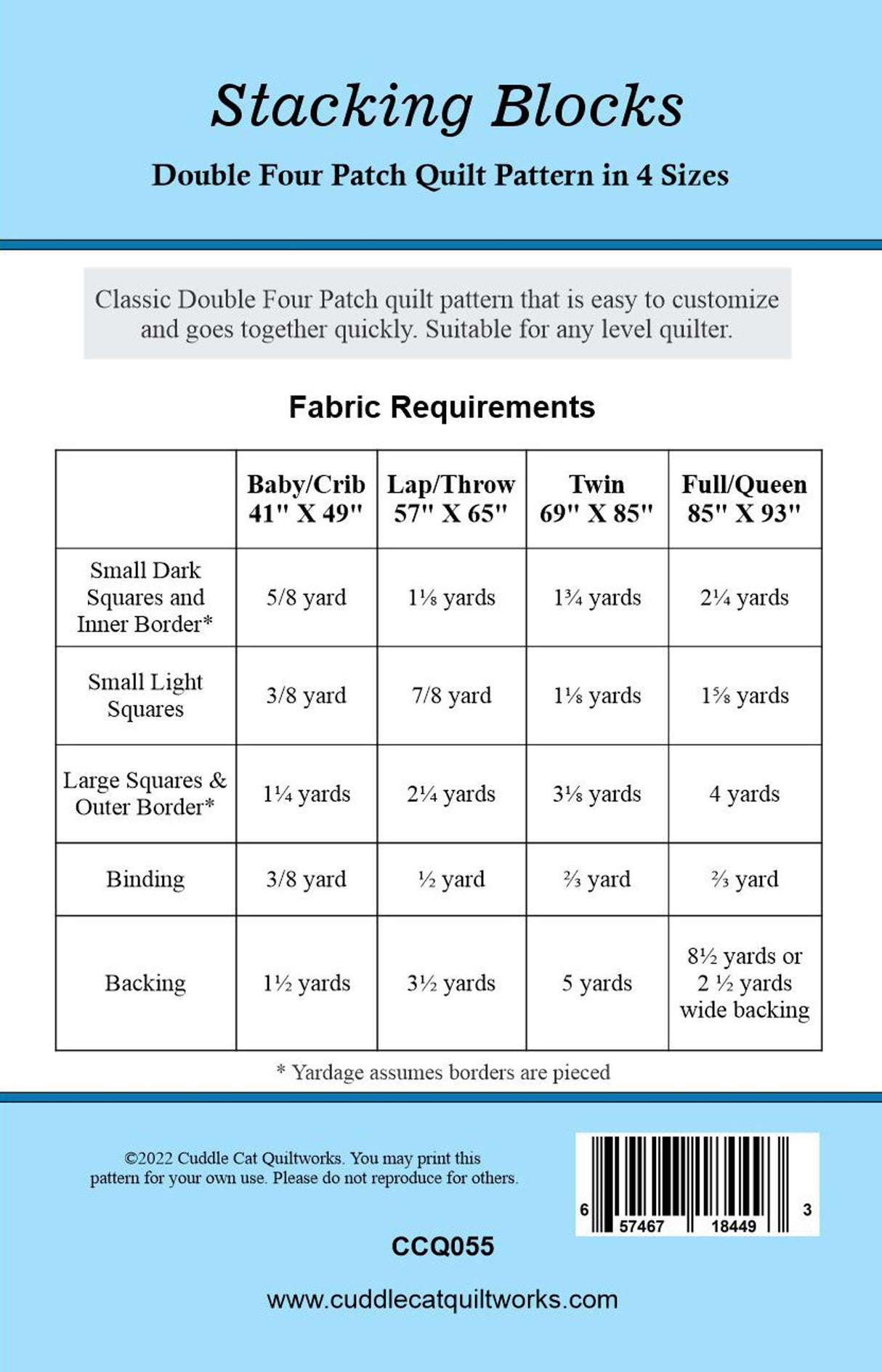 Back of the Stacking Blocks Downloadable Pattern by Cuddle Cat Quiltworks