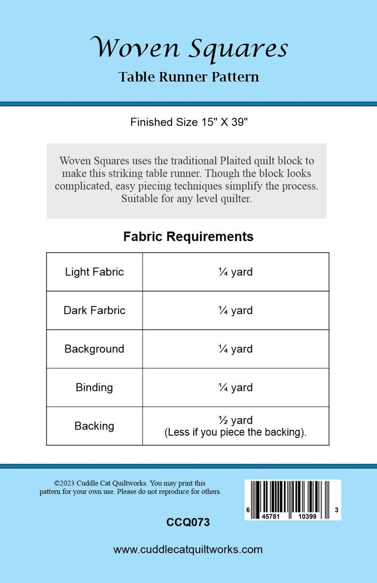 Back of the Woven Squares Downloadable Pattern by Cuddle Cat Quiltworks