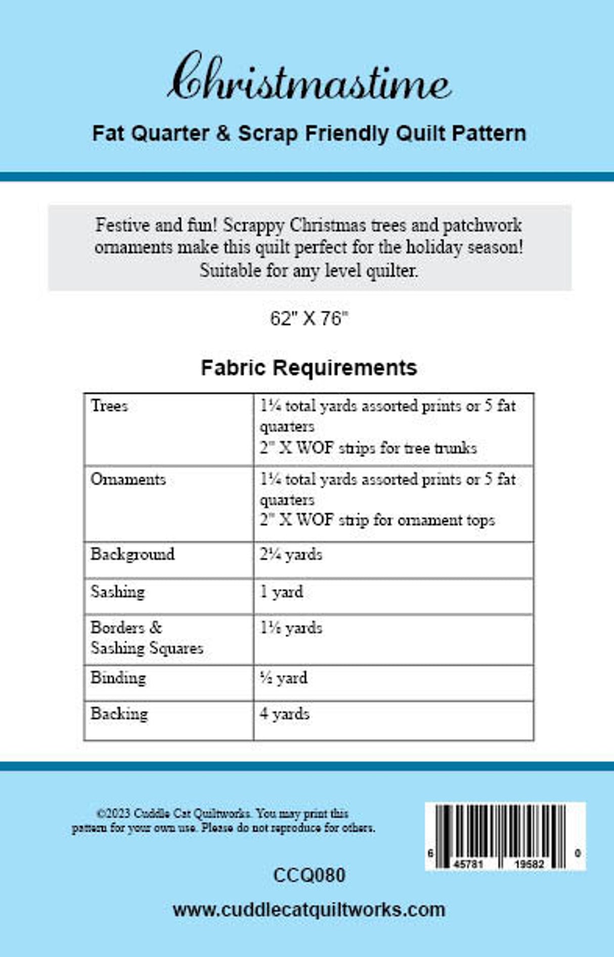 Back of the Christmastime Downloadable Pattern by Cuddle Cat Quiltworks