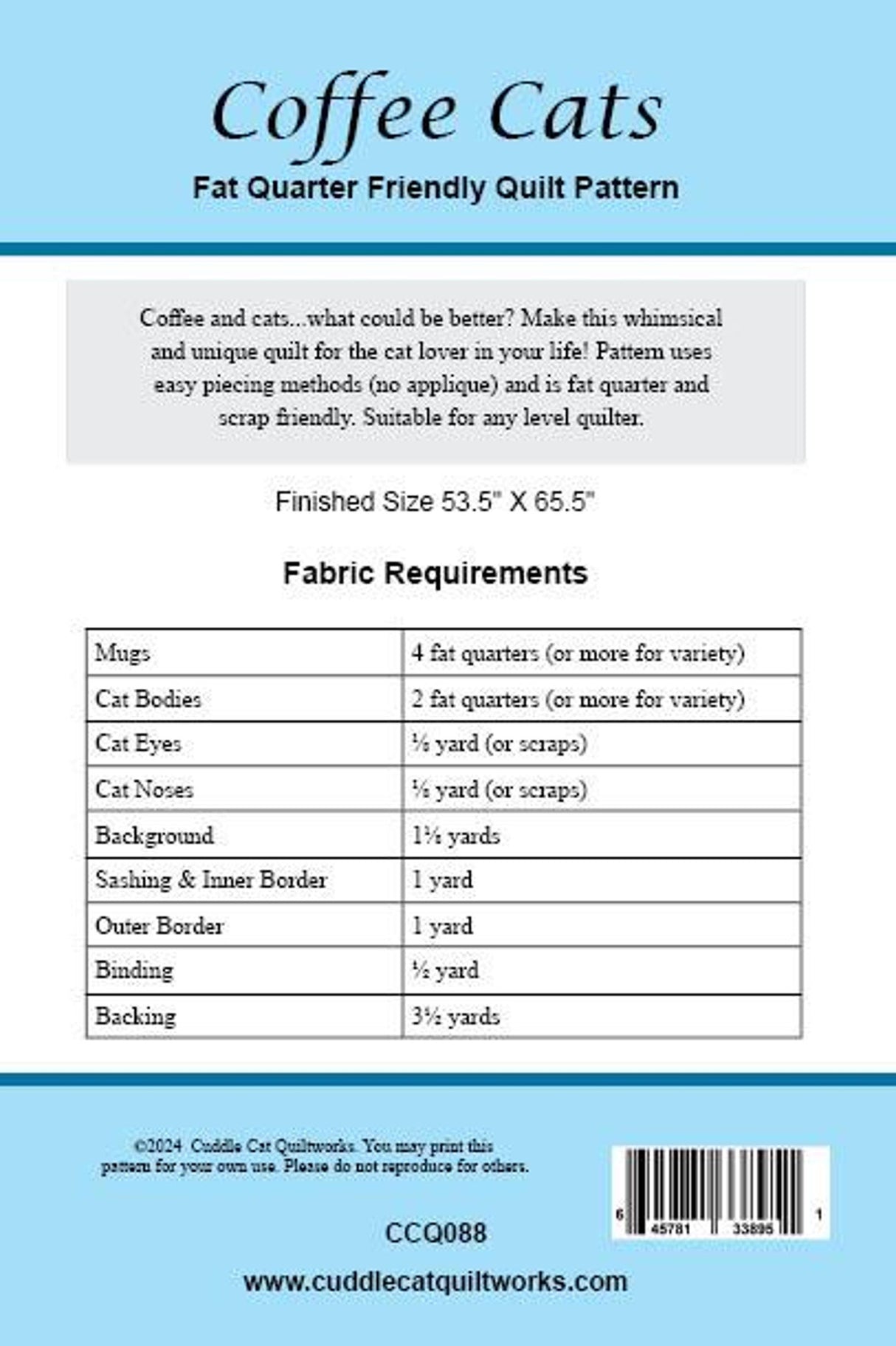 Back of the Coffee Cats Downloadable Pattern by Cuddle Cat Quiltworks