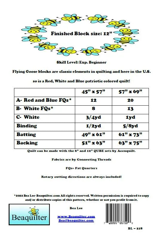 Back of the Give Me Liberty Quilt Pattern by Beaquilter