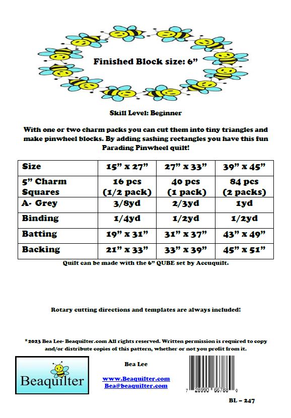 Back of the Parading Pinwheels Downloadable Pattern by Beaquilter