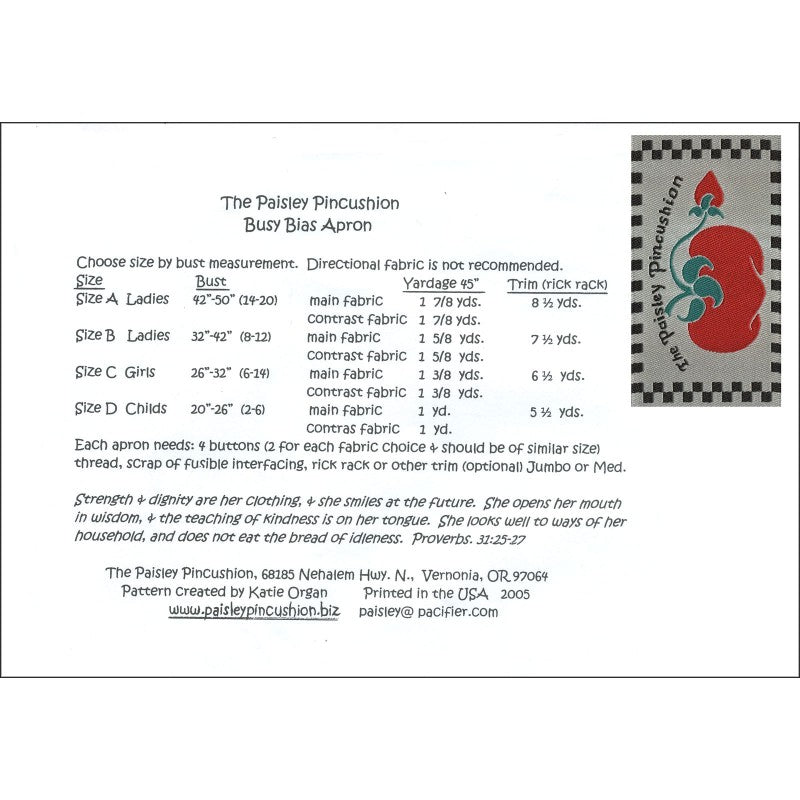 Back of the Busy Bias Apron Pattern by Paisley Pincushion