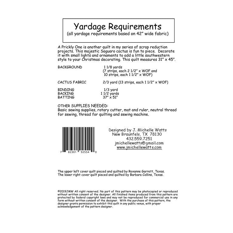 Back of the A Prickly One Quilt Pattern by J Michelle Watts Designs