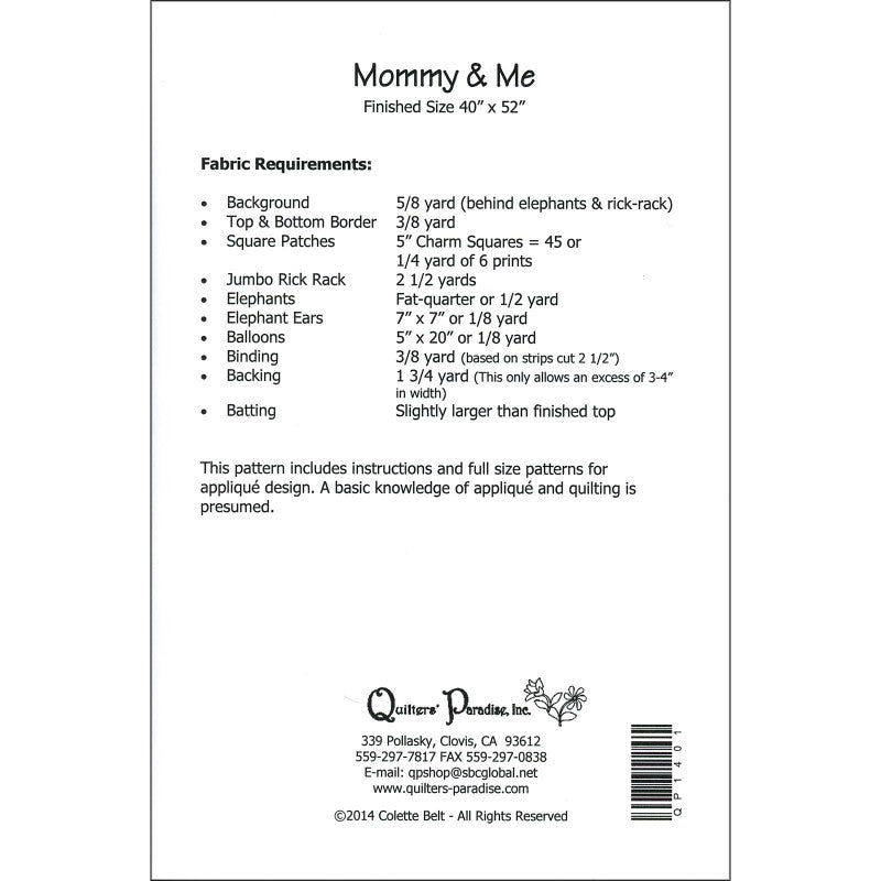 Back of the Mommy & Me Quilt Pattern by Quilters Paradise