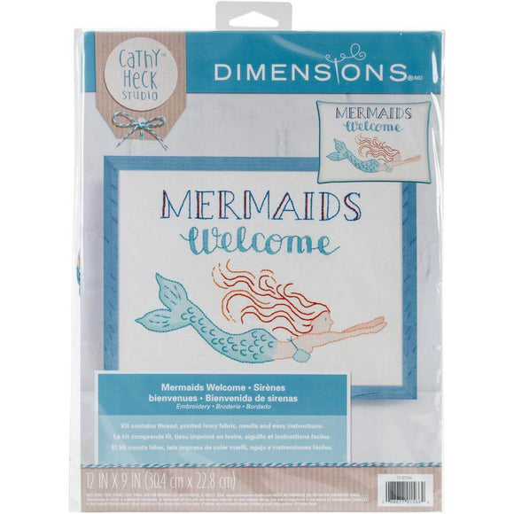 Mermaids Welcome Embroidery kit with thread, fabric, needle and instructions