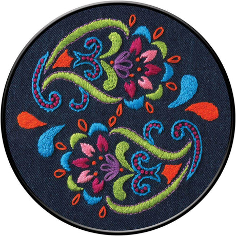 Colorful Bohemian Paisley embroidery design on dark denim