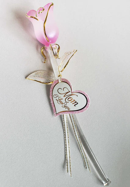 Glass Pink Pearl "Mom, I Love You" Rose by Glass Baron