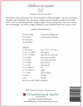 Back of the I Believe in Santa Quilt Pattern by Thimble Creek