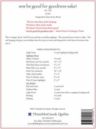 Back of the Sew Be Good For Goodness Sake by Thimble Creek