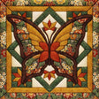 Autumn butterfly no-sew wall hanging quilt kit finished product. Fall colors form a butterfly against a geometric background