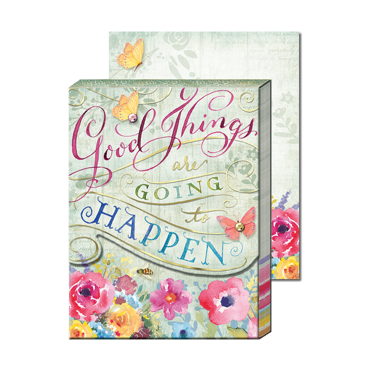 Good Things are Going to Happen pocket notepad. Small size, with the saying on the front and a floral design. Accented with gems and gold foil. Notepaper inside