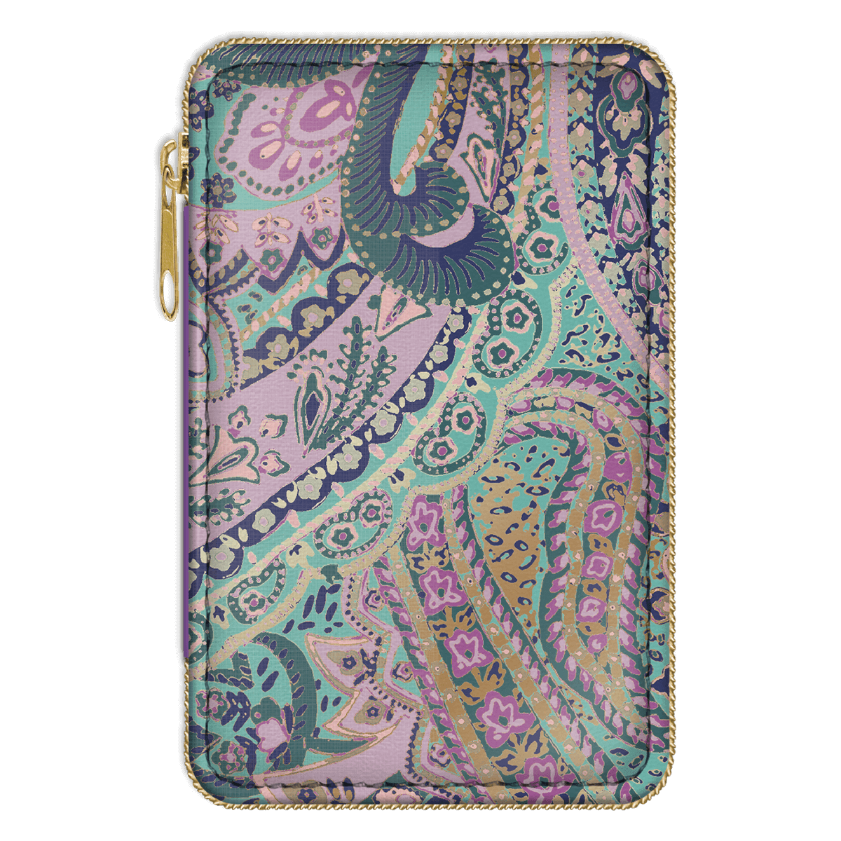 Purple and teal and gold paisley sewing kit with gold zipper case