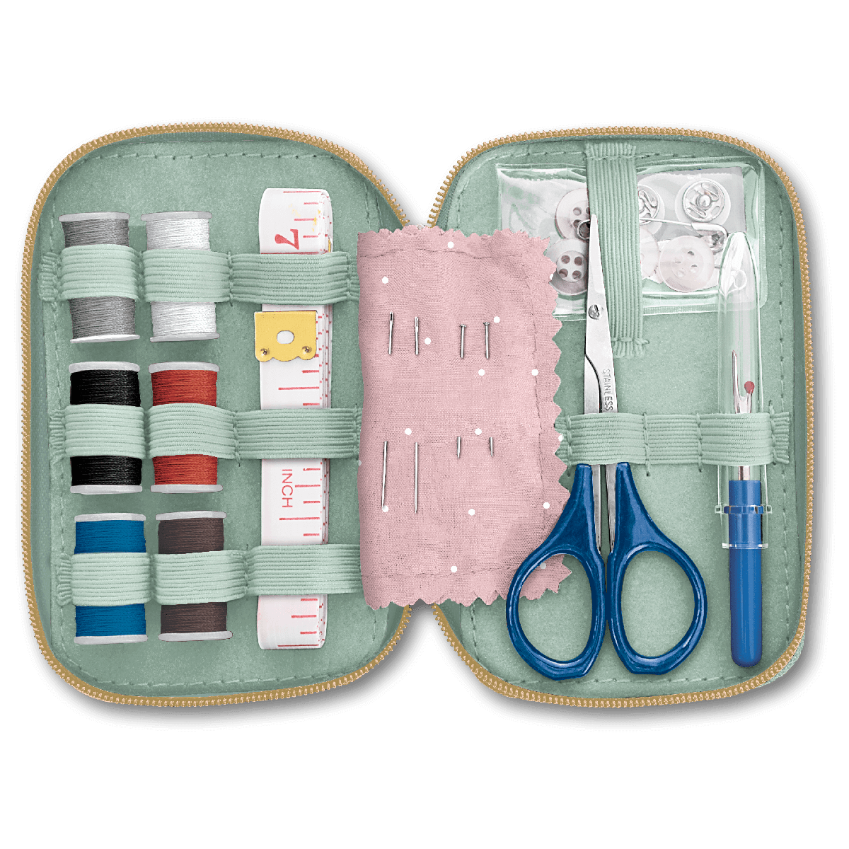 Open sewing kit with needles, thread, scissors, and other necessities