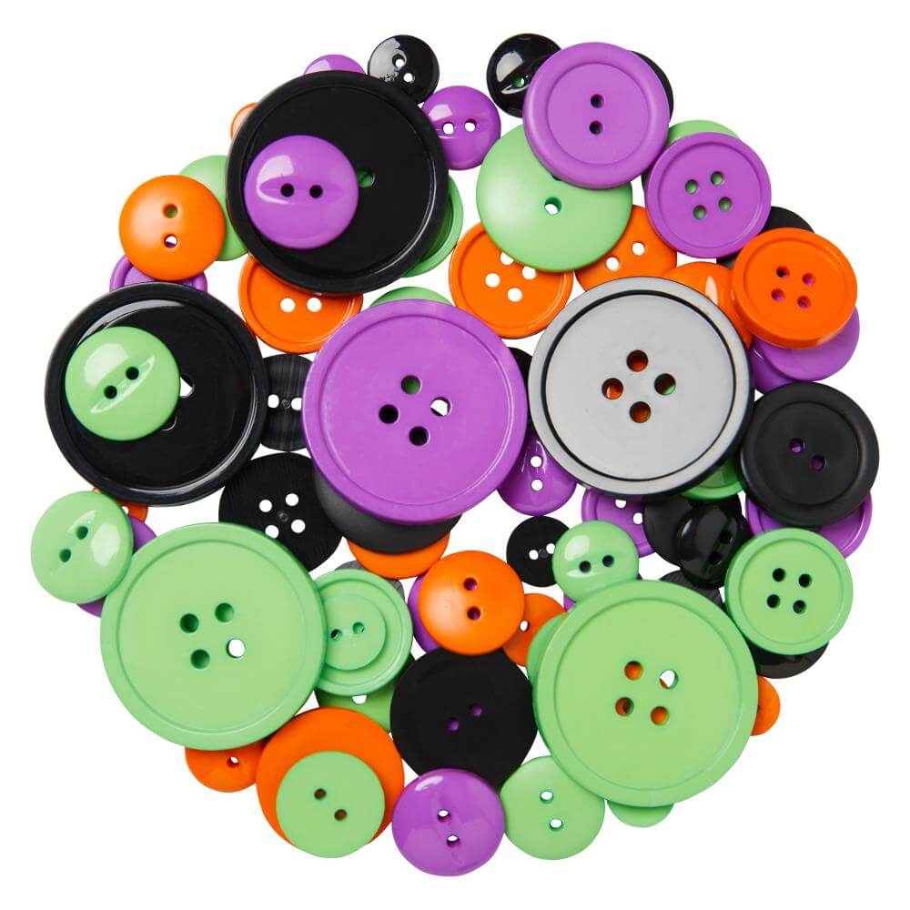 Halloween buttons in a variety of sizes in black, orange, purple and green