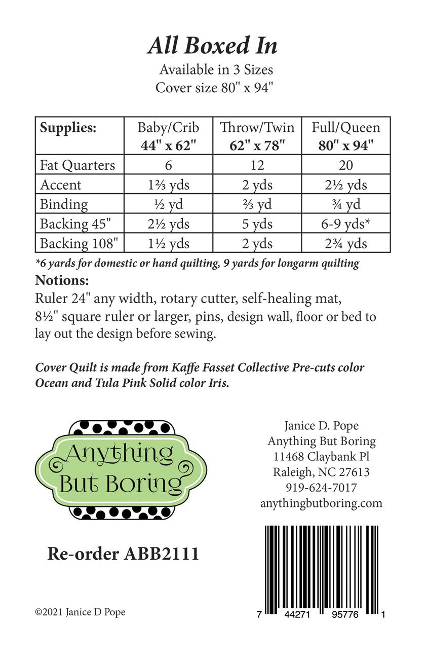 Back of the All Boxed In Quilt Pattern by Anything But Boring