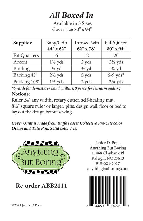 Back of the All Boxed In Quilt Pattern by Anything But Boring