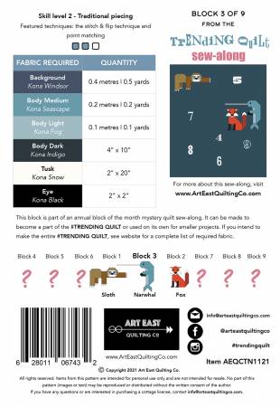 Back of the #TRENDING QUILT - Block 3 - The Narwhal by Art East Quilting Co.