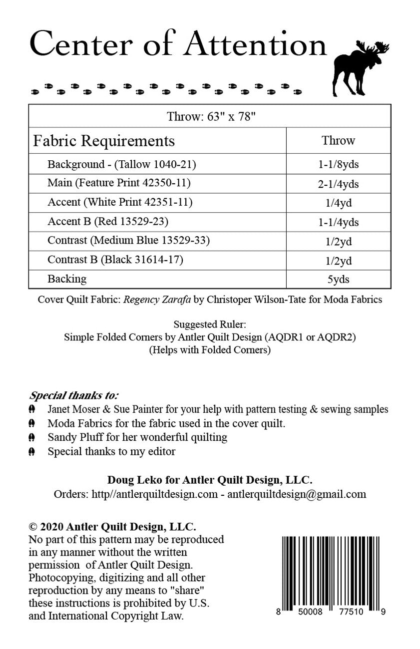 Back of the Center of Attention Quilt Pattern by Antler Quilt Design