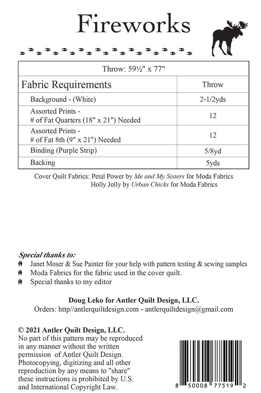 Back of the Fireworks Quilt Pattern by Antler Quilt Design