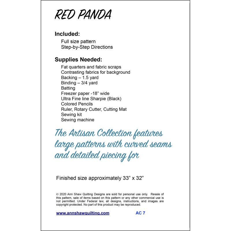 Back of the Red Panda Quilt Pattern by Ann Shaw Quilting