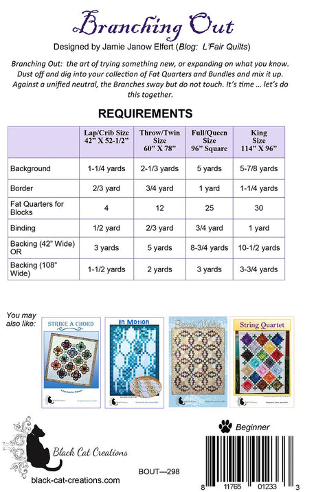 Back of the Branching Out Quilt Pattern by Black Cat Creations