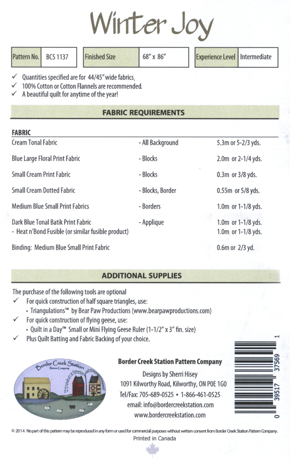 Back of the Winter Joy Quilt Pattern by Border Creek Station