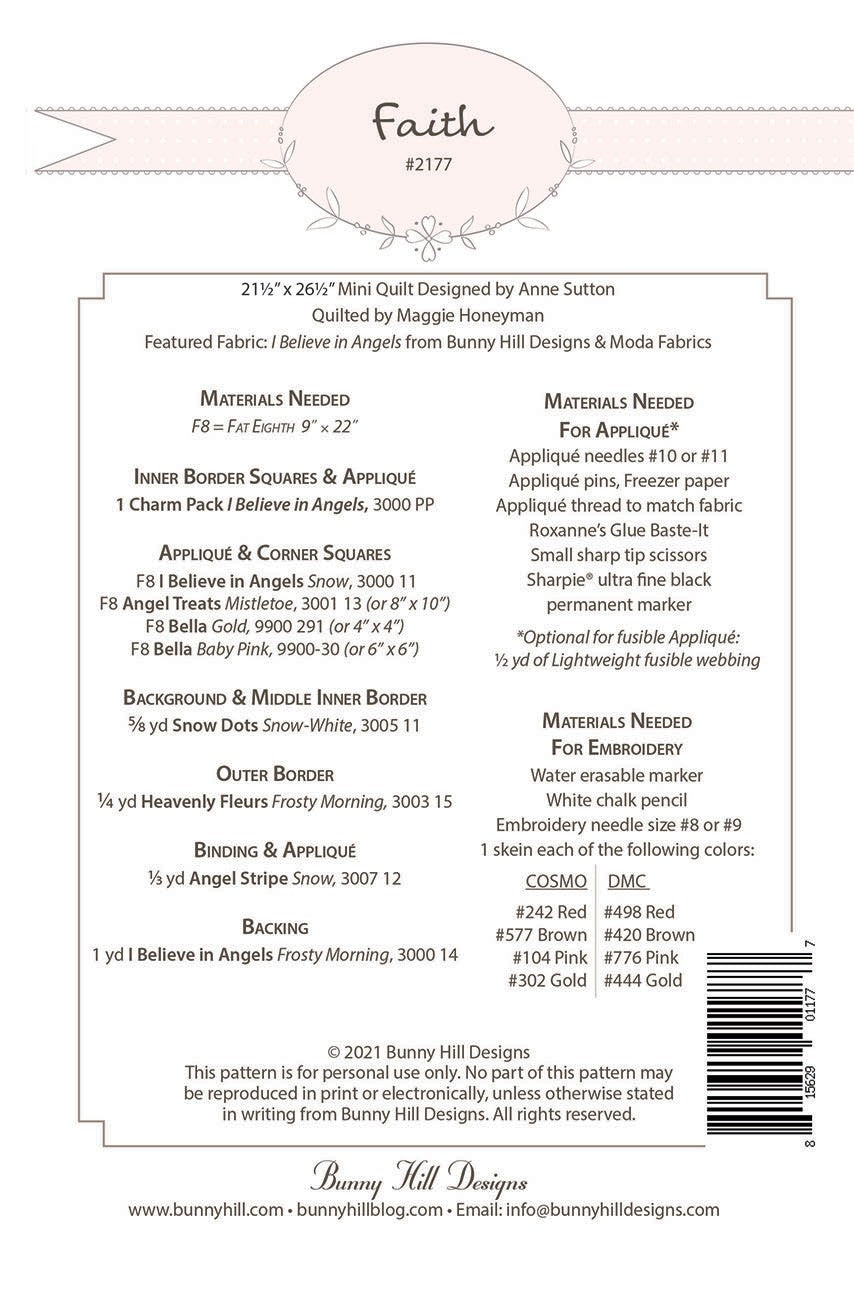 Back of the Faith Quilt Pattern by Bunny Hill Designs