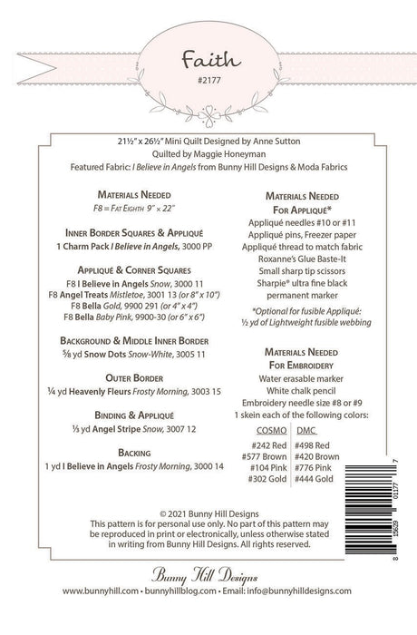 Back of the Faith Quilt Pattern by Bunny Hill Designs