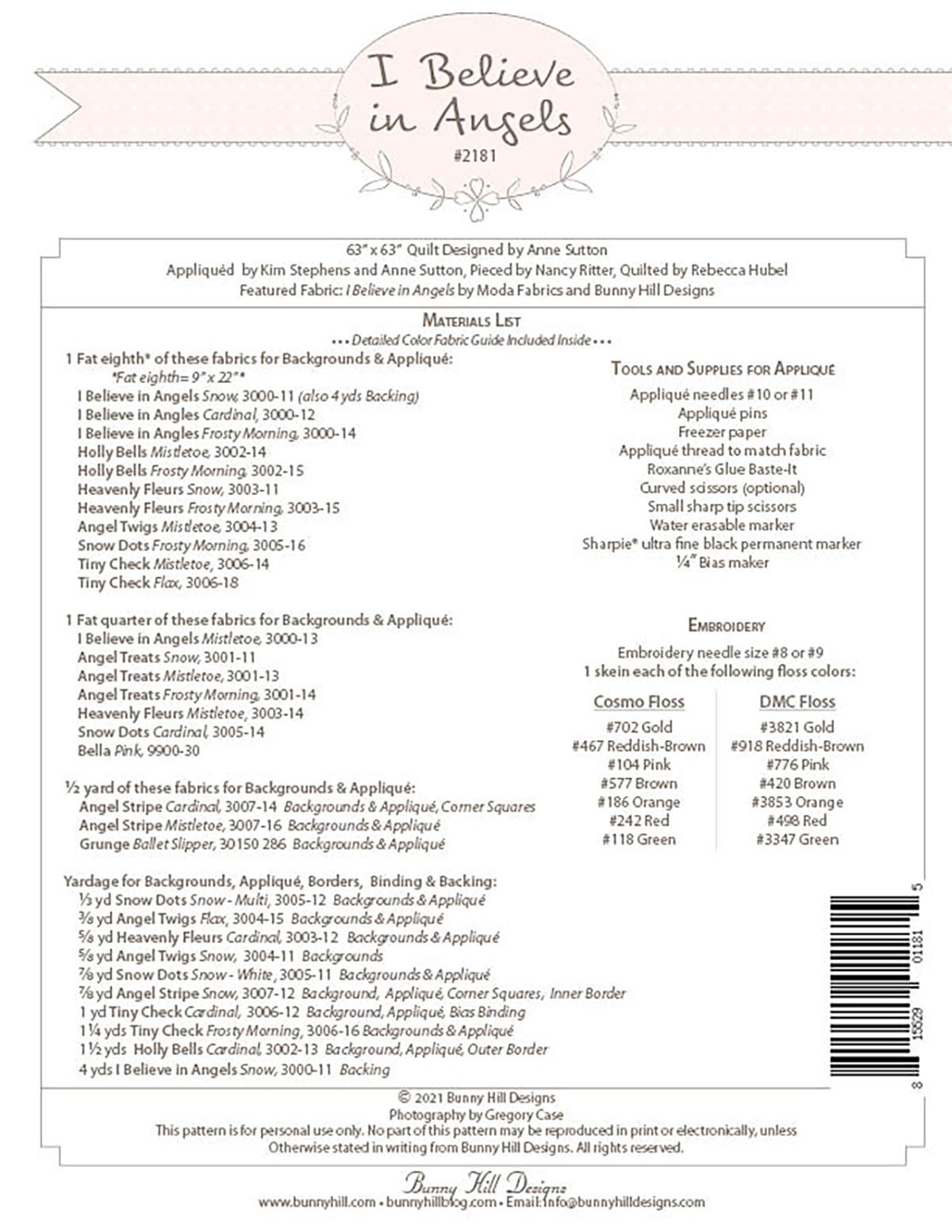 Back of the I Believe in Angels Quilt Pattern by Bunny Hill Designs