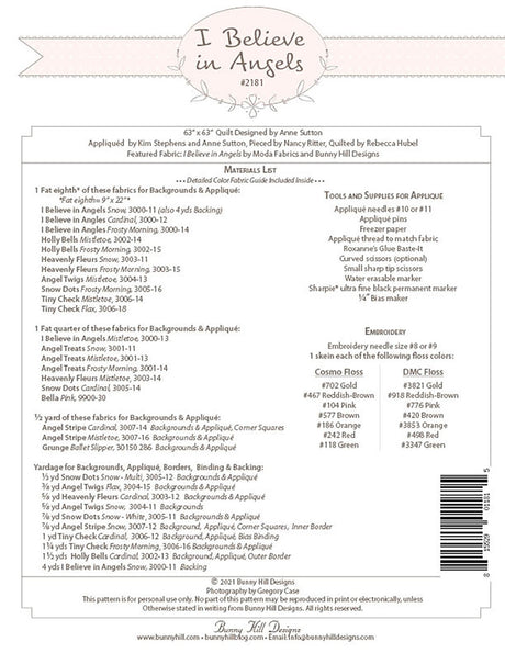 Back of the I Believe in Angels Quilt Pattern by Bunny Hill Designs