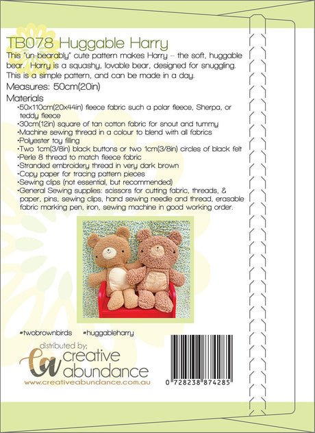 Back of the Huggable Harry Quilt Pattern by Creative Abundance
