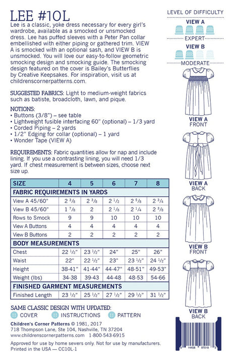 Lee - Sizes 4-8 years Pattern