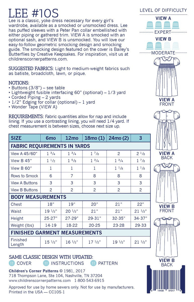 Lee - Sizes 6mos-3 years Pattern