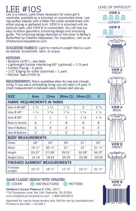 Lee - Sizes 6mos-3 years Pattern