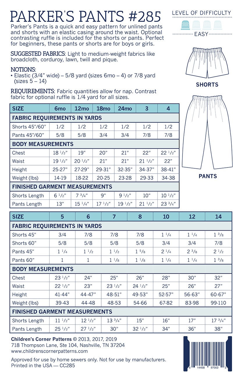 Parker's Pants Sizes 6mos - 14