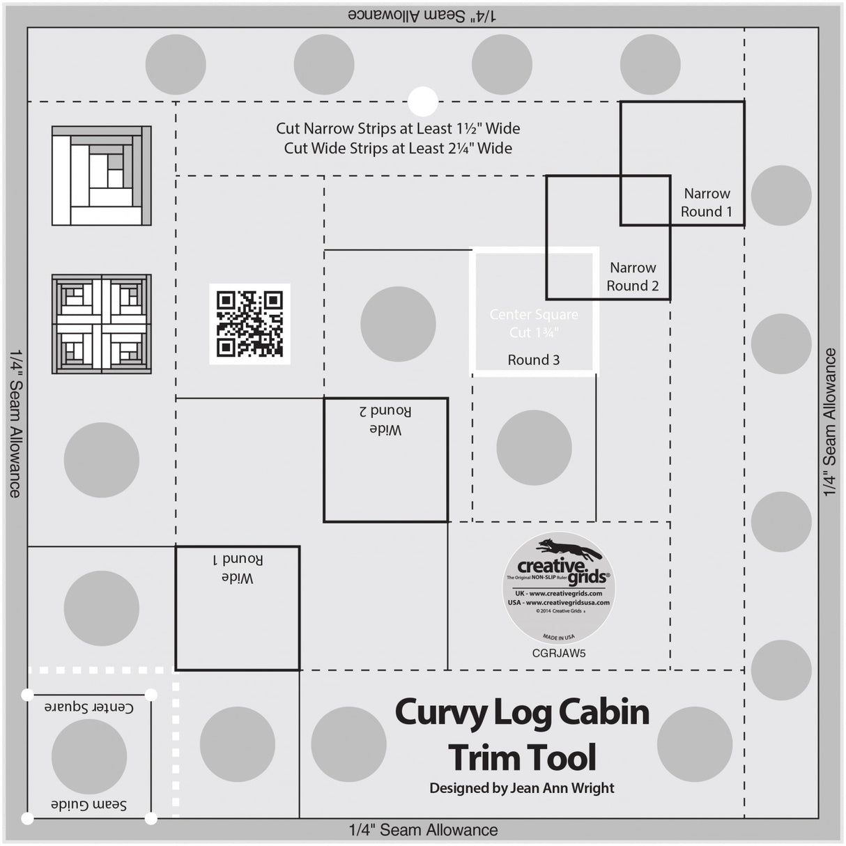 Creative Grids Curvy Log Cabin Trim Tool 8in Finished Blocks Quilt Ruler