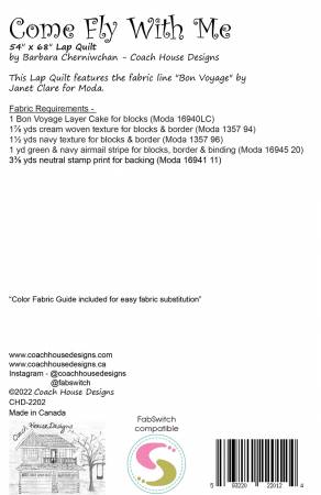 Back of the Come Fly With Me Quilt Pattern by Coach House Designs