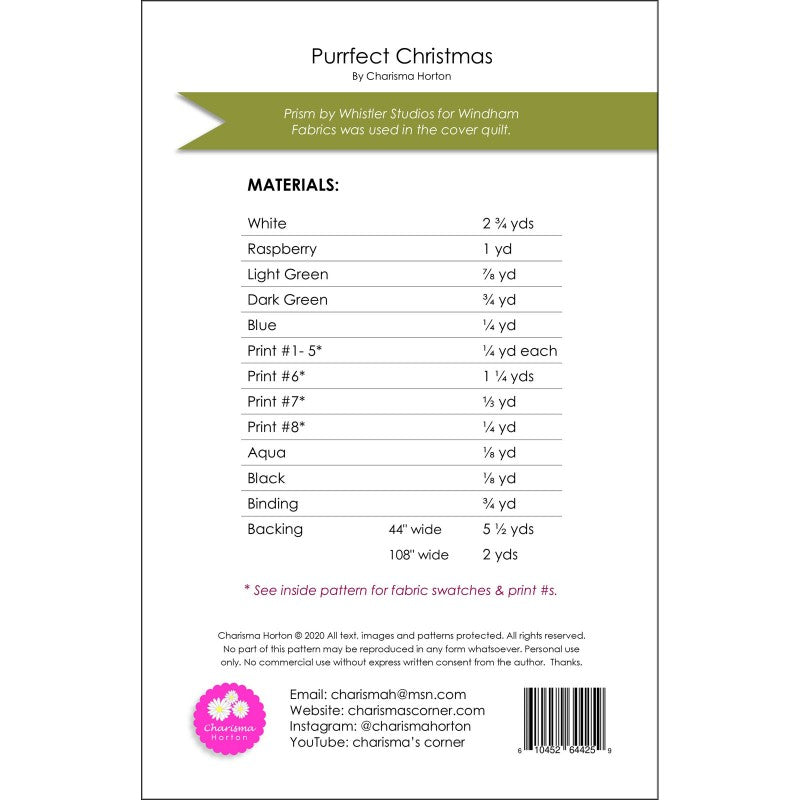 Requirements for Purrfect Christmas quilt by Charisma Horton