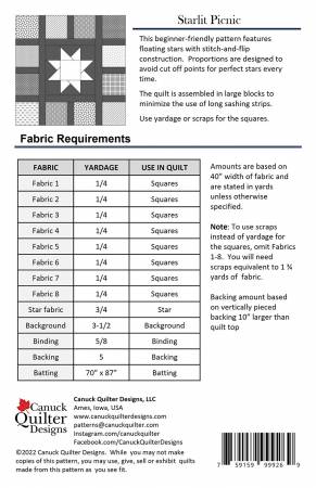 Back of the Starlit Picnic Quilt Pattern by Canuck Quilter Designs