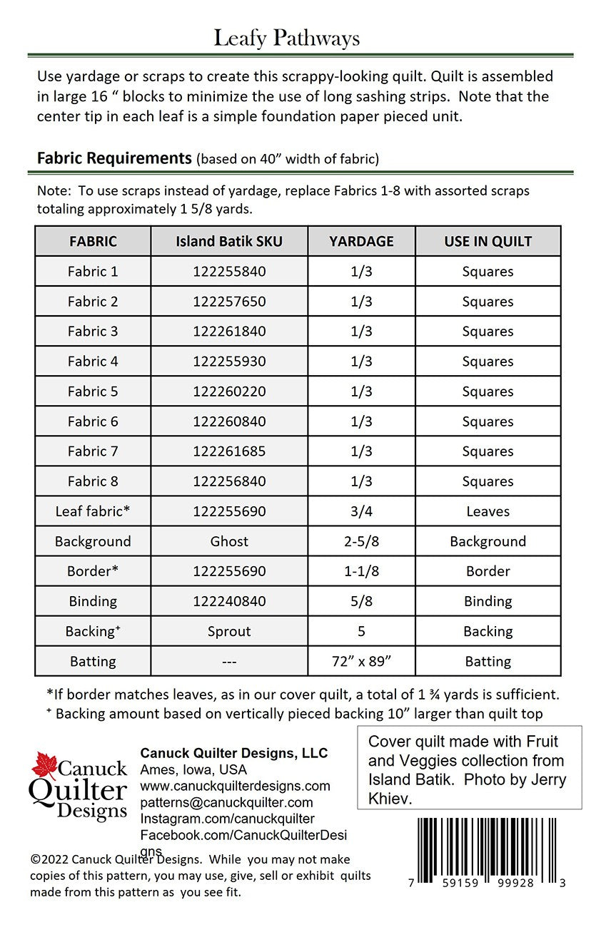 Back of the Leafy Pathways Quilt Pattern by Canuck Quilter Designs