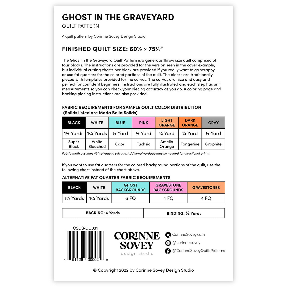 Back of the Ghost in the Graveyard Quilt Pattern by Corinne Sovey Design Studio