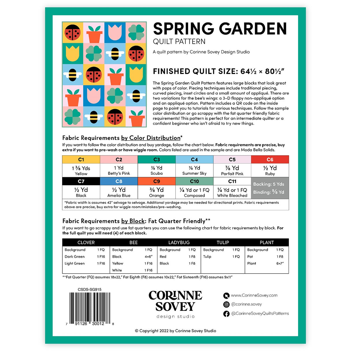 Back of the Spring Garden Quilt Pattern by Corinne Sovey Design Studio